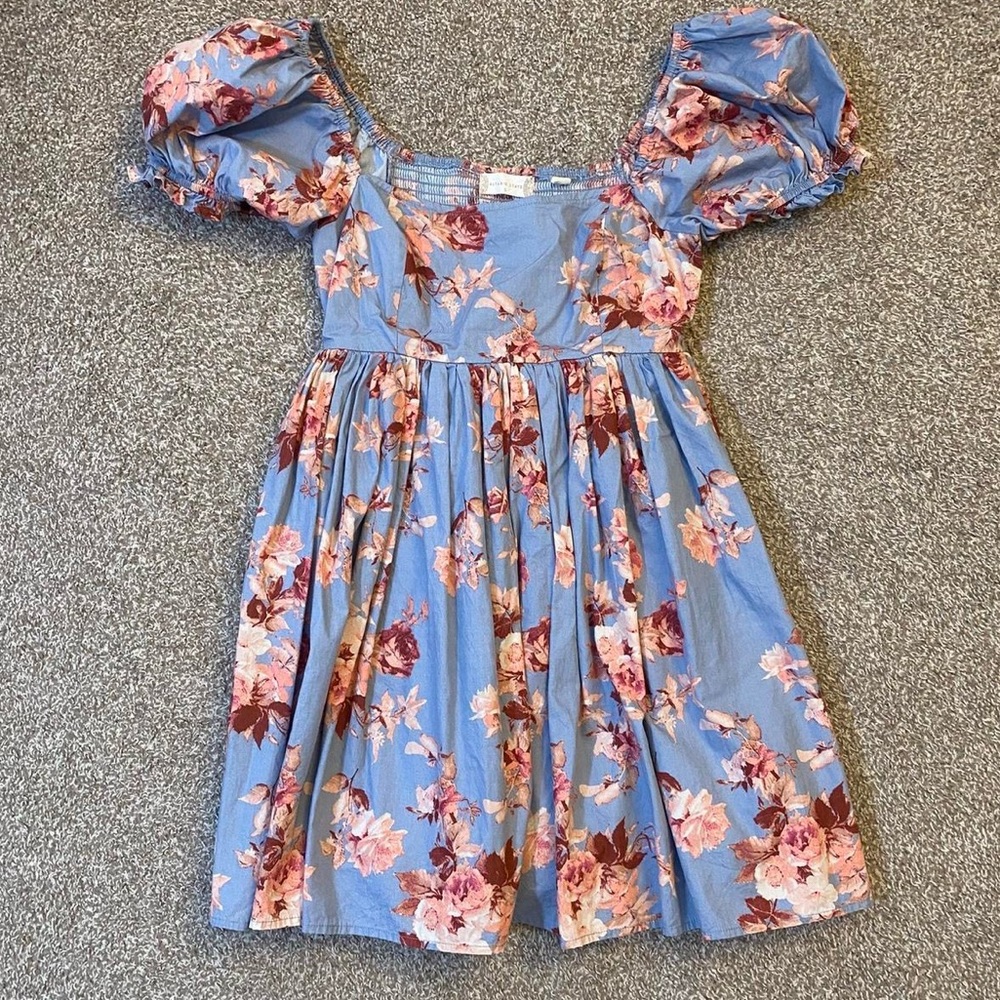 Altar'd State Blue and Pink Floral Puff Sleeve Mini Babydoll Dress